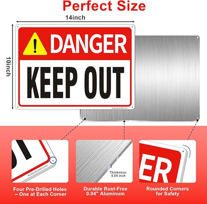 Danger Keep Out Sign – 3 Pack 14x10 Inch Aluminum Metal Safety Signs, Rust Free, UV Protected, Easy to Mount for Construction, Hazard, and Restricted Areas (3)