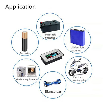 Upgrade IPX7 Waterproof Battery Tester, 7-100v Marine RV Golf Cart Battery Capacity Volt Monitor 12v 24v 36v 48v 60v 72v, Lead-Acid, Lithium Battery Monitor with Temp and Low Voltage Buzzer Alarm