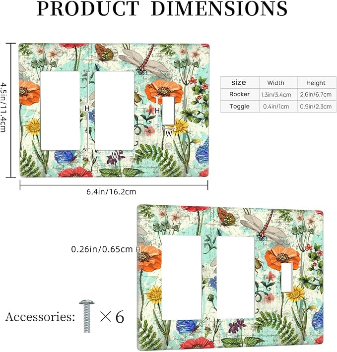 Dragonflies Flowers Butterfly 3 Gang Rocker Rocker Toggle Outlet Light Switch Cover Decorative Wall Plate Cover For Home Living Bedroom Kitchen Decorative