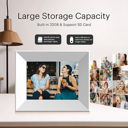 8-Inch Digital Picture Frame with WiFi, Wood Finish Frame Smart Photo Frame HD IPS Touch Screen with 16GB Storage – Easy Photo & Video Sharing from Anywhere – Ideal Gift for Family, White