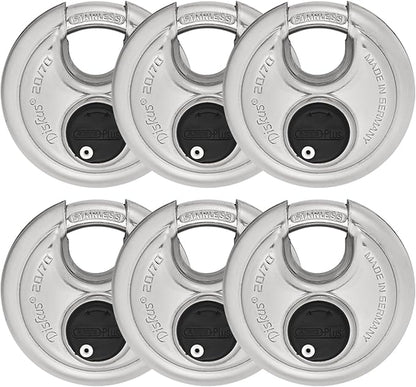 ABUS 20/70 6 Pack Heavy Duty Diskus Storage Padlock with 2 Keys for Storage, Outdoor, Commercial, 2.75in (70mm) Wide, Keyed Alike 323614