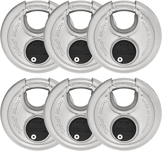 ABUS 20/70 6 Pack Heavy Duty Diskus Storage Padlock with 2 Keys for Storage, Outdoor, Commercial, 2.75in (70mm) Wide, Keyed Alike 323614