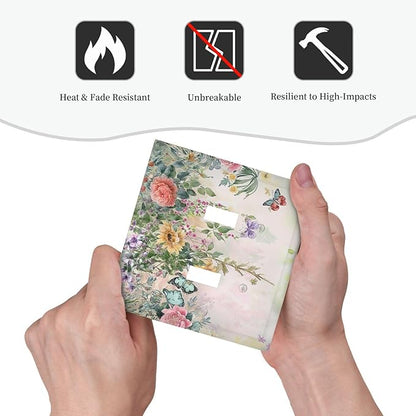 Rustic Floral Watercolor Flower Blossom Butterfly 2 Gang Double Toggle Light Switch Cover Decorative Switchplate Electrical Wall Plates Faceplate for Bathroom Bedroom Decor 4.9 X 5 IN