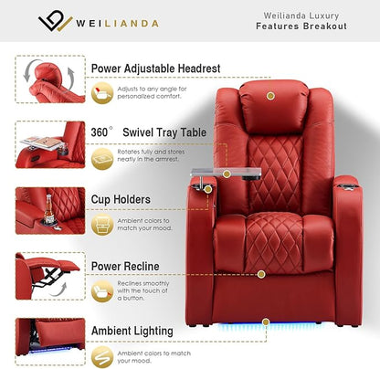 Weilianda Home Theater Seating Top Grain Leather Zero Gravity Recliner Chair Power Headrest Recline Movie Seat Gaming 7 Colors Mood Light Sofa with Tray Table USB Charge Row of 4 Red