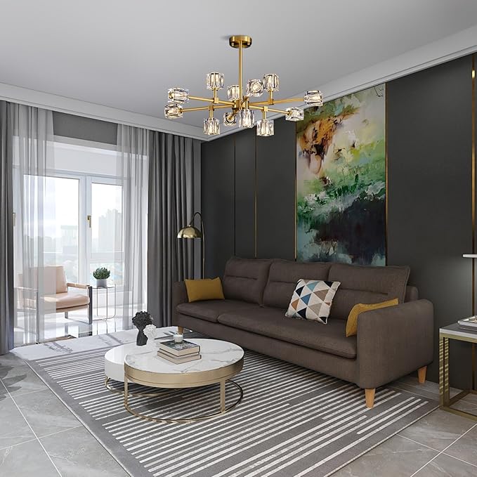 Crystal Chandeliers for Dining Room Light Fixtures,Gold Sputnik Chandelier with 12-Lights,Modern Adjustable Height Semi Flush Mount Ceiling Light Fixture for Kitchen Island Bedroom Entryway