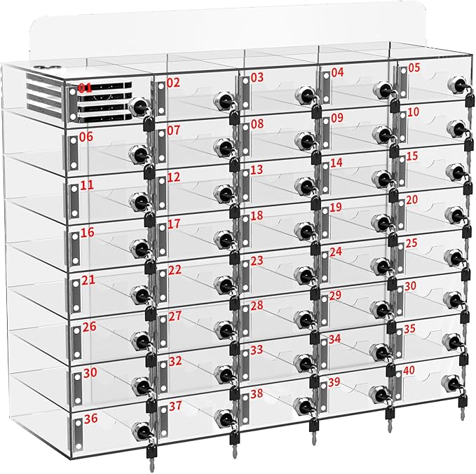 Cell Phone Locker 100 Slots, Wall-Mounted Cell Phone Lock Box with Keys, Acrylic Cell Phone Storage Locker for Employees Office Classroom Gym, Clear Cell Phone Locker Cabinet for Storage (40 Slots)