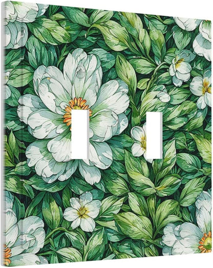 Vintage Floral White Flowers Green Plants Leaves Decorative Switch Plates 2 Gang Double Toggle Outlet Light Switch Cover Wall Plate Electrical Faceplate for Bedroom Bathroom Decor
