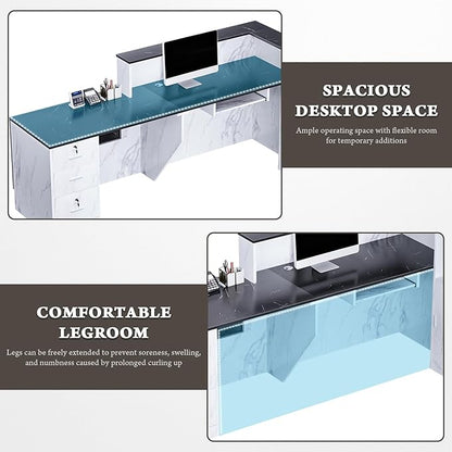 R-Shaped Modern Reception Desk with Counter & Storage - 71"/84" Large Office Front Desk, Salon Checkout Counter with Lockable Cabinets, Shelves & Drawers (Black & White, Right - 71''L x 34''W x 41''H)