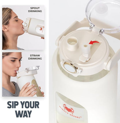 64 oz Glass Water Bottle – White | Leakproof Borosilicate Bottle with Straw, Silicone Sleeve, Time Marker – Half Gallon Hydration for Gym, Travel, Sports