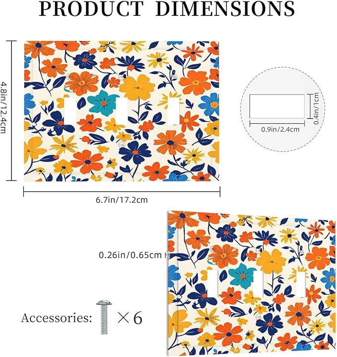 Nature Flowers Botany Plant Art Floral Decorative Switch Plates 3 Gang Wall Plate Triple Toggle Light Switch Cover Electrical Wall Panels Faceplate for Bedroom Bathroom Decor