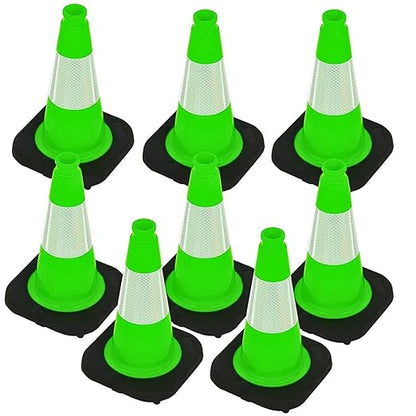 BESEA 12" inch Green Traffic Cones Safety Cones PVC Construction Cones with 4 inch Reflective Collar for Home Driveway Road Parking Use(8 Cones)