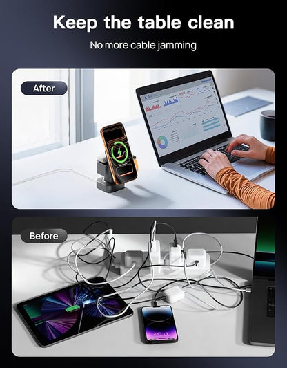 3 in 1 Wireless Charging Station, Wireless Charger with Night-Lamp & Retractable Design, Phone Wireless Charger Fast Charger for Phone 17/16/15/14/13/12/11/X Pro/Max/Plus/Watch/pods
