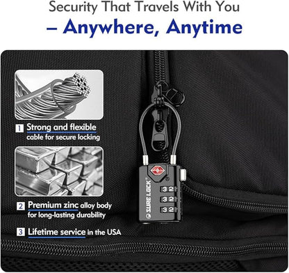 SURE LOCK TSA Compatible Travel Luggage Locks, Inspection Indicator, Easy Read Dials TSA Approved with Zinc Alloy (1, Black 8 Pack)