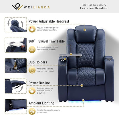 Weilianda Home Theater Seating Top Grain Leather Zero Gravity Recliner Chair Power Headrest Recline Movie Seat Gaming 7 Colors Mood Light Sofa with Tray Table USB Charge Row of 5 Blue