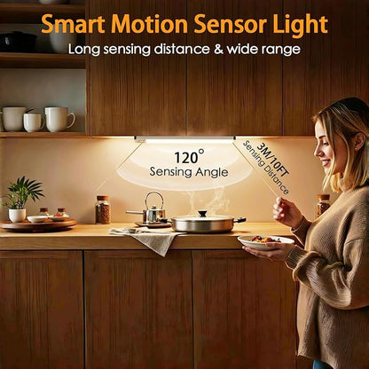 Under Cabinet Lighting, 3 Color Under Cabinet Lights Motion Sensor, 3200mAh Rechargeable 118LED Magnetic Light Bar Indoor, Wireless Battery Operated Closet Lights for Kitchen Home Stairs, 2Pack