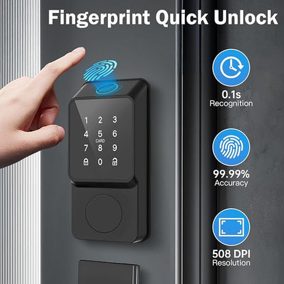 Smart Door Lock Keyless Entry with Handles TTLock APP Fingerprint Touchscreen Keypad IC Card Key Type-C Charging Unlocking 6 in 1 Electric Biometric Digital Deadbolt for Front Doors Apartment