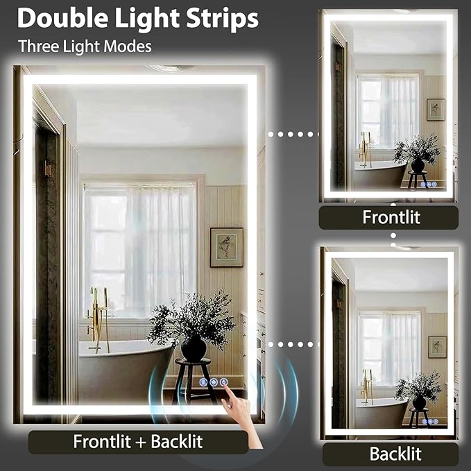 GLSLAND 24"x36" LED Bathroom Mirror with Lights, Dimmable Front and Backlit Vanity Mirrors, Wall Mounted Anti-Fog Lighted Mirror, Horizontal/Vertical Hanging