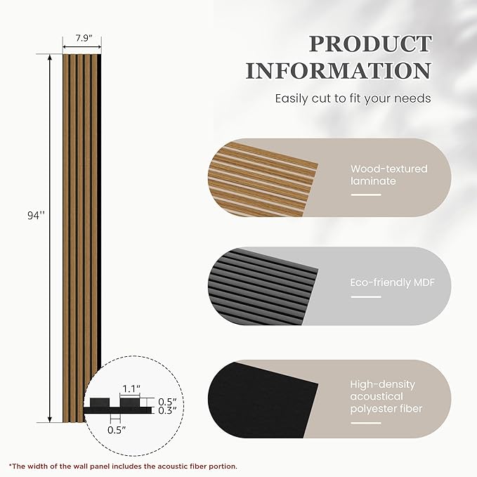Wood Salt Acoustic Wall Panels, 6 Piece 94" x 7.9" x 0.8" Soundproof Wooden Wall Panels, 3D Fluted Sound Absorbing Panel, Natural Oak