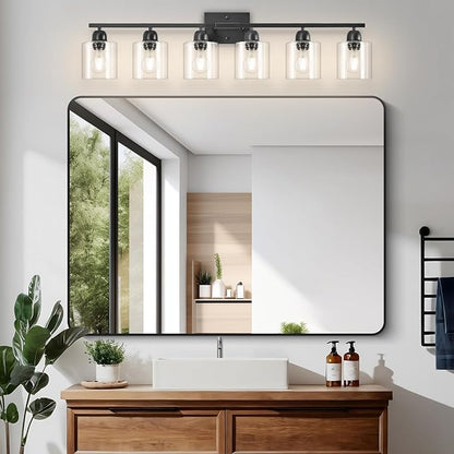 Bath Vanity Lights For Mirror, Restroom Lights Fixtures With Milky White Frosted Glass Shades,Bathroom Over Sink Light Fixtures, Bathroom Light Fixtures Over Mirror (Black with clear glass, 6-Light)