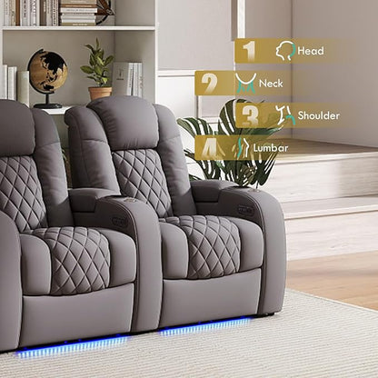 Weilianda Home Theater Seating Top Grain Leather Zero Gravity Recliner Chair Power Headrest Recline Movie Seat Gaming 7 Colors Mood Light Sofa with Tray Table USB Charge Row of 2 Grey