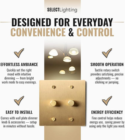 2-Gang Satin Solid Brass Rotary Dimmer Switch, 15A 120V AC Wall Mount, TRIAC/Leading Edge 1-Way Compatible, Dimmable LED Light Control with Knob, Faceplate & Dimming Module