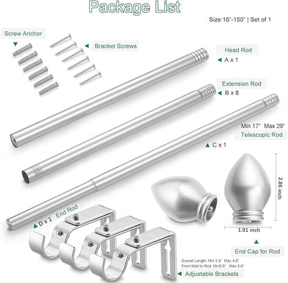 Curtain Rods for Windows 16 to 150 inches, Curtain Rod Max Adjustable Length to 158 in, Drapery Rod 1 inch Diameter with Modern Knobs Finials (Satin Silver, 16" to 150" - Set of 1)