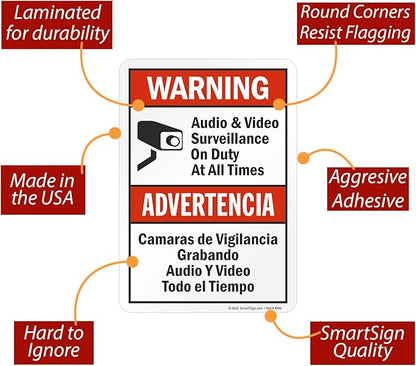 SmartSign 10 x 7 inch “Warning - Audio & Video Surveillance On Duty At All Times” Bilingual Sticker Label, 3 mil Laminated Adhesive Polyester, Red, Black and White, Made in USA