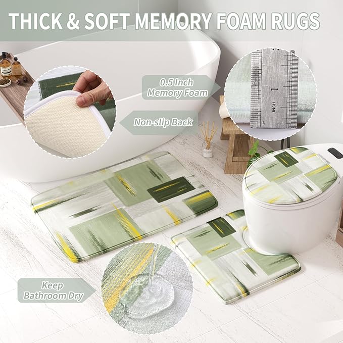 Bathroom Set - Sage Green Bathroom Accessories Set, Bathroom Sets with Shower Curtain and Rugs, Sage Green Shower Curtain Set with Bathroom Trash Can, Soap Dispenser, Soap Dish for Home Decor