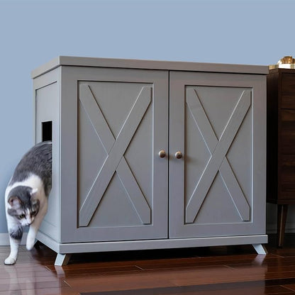 THE REFINED FELINE Cat Litter Box Enclosure Cabinet, Farmhouse, Smoke Gray, Mid-Century Feet, XLarge, Hidden Litter Cat Furniture with Drawer
