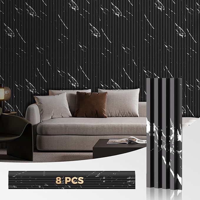 OUZUGIE WPC Acoustic Slat Wall Paneling, 8-Pack 96 x 6 Inches 3D Wall Panels for Interior Wall Decor,Living Room,TV Background,Study Room,Office Spaces,Bedroom,High Grille (Black Marble-1)