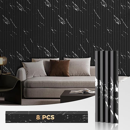 OUZUGIE WPC Acoustic Slat Wall Paneling, 8-Pack 96 x 6 Inches 3D Wall Panels for Interior Wall Decor,Living Room,TV Background,Study Room,Office Spaces,Bedroom,High Grille (Black Marble-1)