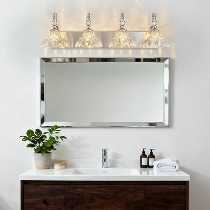 Vintage Bathroom Vanity Light, 4-Light Brushed Nickel Vanity Lighting Fixture with Flower Glass Shade, Bathroom Lighting Fixtures Over Mirror