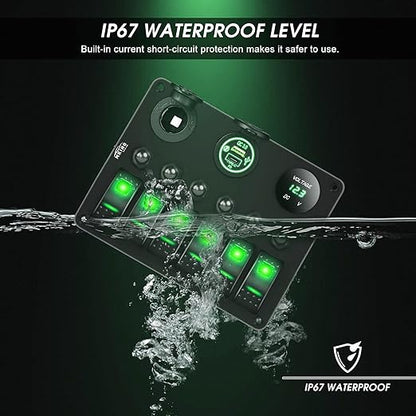 MKING 6 Gang Marine Switch Panel - Waterproof Rocker Switches with USB & Type-C Charger, Circuit Breaker, Digital Voltmeter, and Power Socket, Compatible with 12V-24V Vehicles