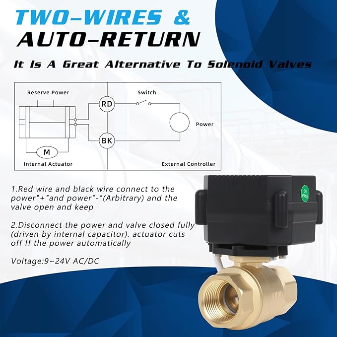 3/4" Brass Motorized Ball Valve - 2 Wire Auto Return Electric Water Valve,9-24V AC/DC Automatic Ball Valve with Full Port