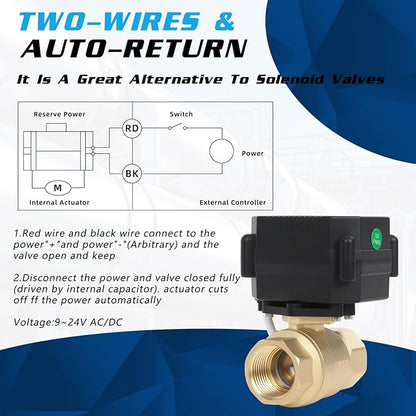 3/4" Brass Motorized Ball Valve - 2 Wire Auto Return Electric Water Valve,9-24V AC/DC Automatic Ball Valve with Full Port