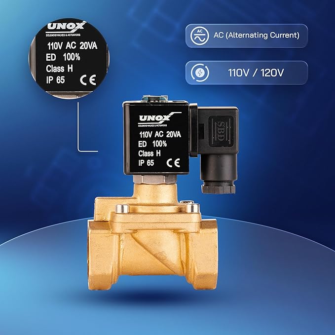 UNOX 3/4" NPT Solenoid Valve 110V AC, Brass Control Valve Normally Closed - 7-232 PSI Multi-Purpose Reliable Control Valve for Water and Air - Solenoid Valves