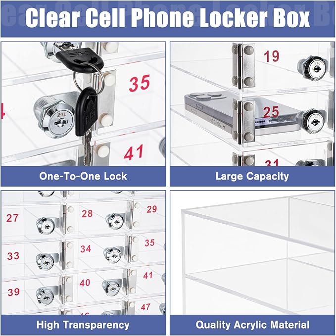 Layhit 50 Slots Cell Phone Locker Box for Classroom Clear Acrylic Cell Phone Storage Cabinet Bin with Door Locks for Classroom School Students Office Factory Employees