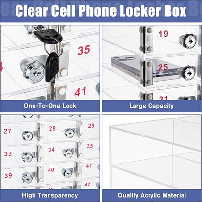 Layhit 50 Slots Cell Phone Locker Box for Classroom Clear Acrylic Cell Phone Storage Cabinet Bin with Door Locks for Classroom School Students Office Factory Employees