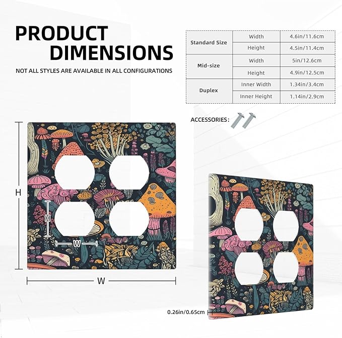 Decorative Outlet Covers Cartoon Comics Colorful Mushrooms 2 Gang Wall Plate Cover Double Duplex Receptacle Two Switch Light Switch Cover Plate Jumbo Dual Faceplate for Home Decor
