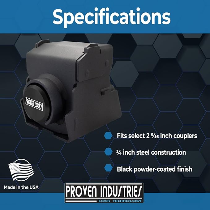 Proven Industries Model 2516 Trailer Lock, Fits 2 5/16-Inch Couplers, Made in The USA (Black-Square)