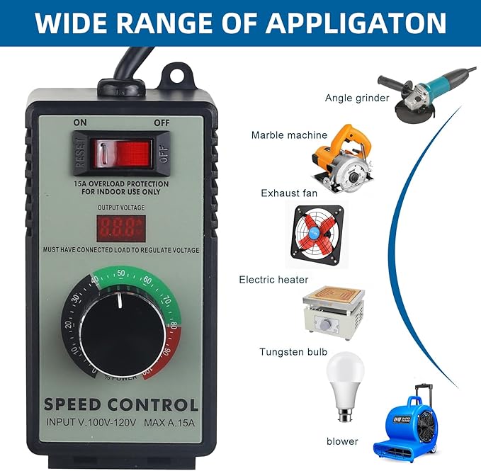 Versatile AC Motor Speed Controller - 100V-120V, 15A Max - Electric Fan Speed Regulator with Overload Protection, Electronic Voltage Regulation, and Voltage LED Display