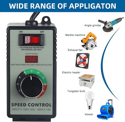 Versatile AC Motor Speed Controller - 100V-120V, 15A Max - Electric Fan Speed Regulator with Overload Protection, Electronic Voltage Regulation, and Voltage LED Display