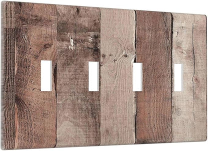 Light Switch Covers Retro Wood Brown Farmhouse Barn Wooden Quad Toggle Electrical Faceplate 4 Gang Wall Plate Decorative Switch Plates for Farmhouse Cabin Decor