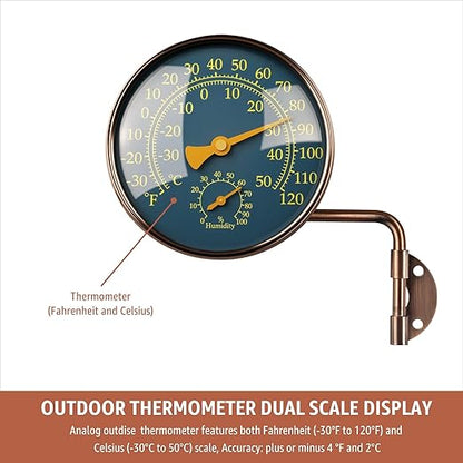 4-Inch Outdoor Thermometer and Humidity Gauge, Window Thermometer for Outside Temperature and Humidity Monitor, Brass Analog Dial, Battery-Free for Patio, Garage, Greenhouse, Garden, Wall