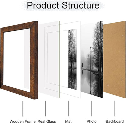 iRahmen 8x12 Picture Frame Set of 4 with High Definition Real Glass, Display 6x8 Pictures with Mat or 8 x 12 Without Mat, Wood Rustic Photo Frames for Tabletop and Wall Mounting