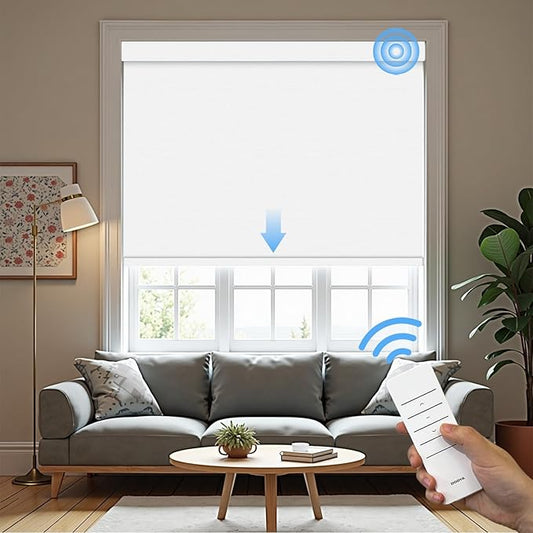 Motorized Roller Blinds with Remote, 100% Blackout Automatic Roller Shades for Bedroom, Bathroom, and Living Room, Customized Size, Moonlight White