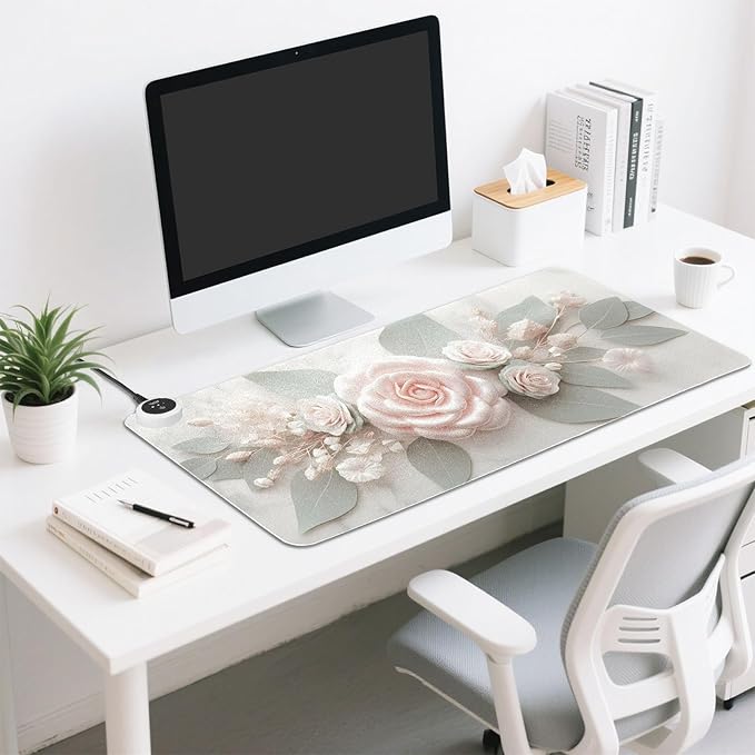 Large Heated Mouse Pad,Leather Desk Mat,31.5"x13",Hand Warmer Pads for Desk,Rose(Cream)