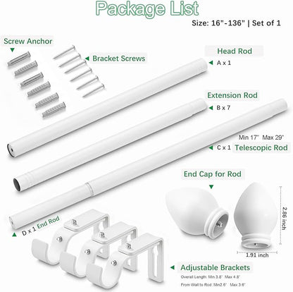 Curtain Rods for Windows 16 to 136 inches, Curtain Rod Max Adjustable Length to 146 in, Drapery Rod 1 inch Diameter with Modern Knobs Finials (White, 16" to 136" - Set of 1)