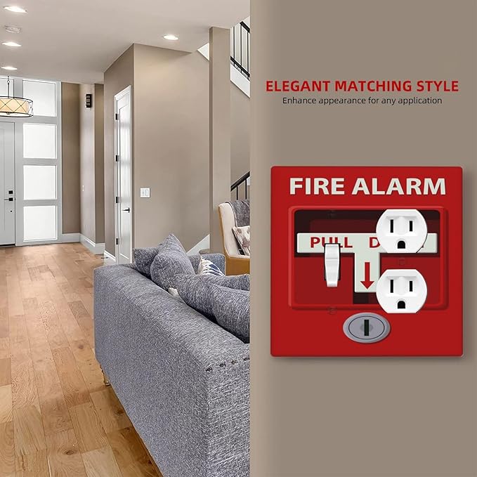 Decorative Outlet Covers Artistic Red Fire Alarm Motifs 2 Gang Wall Plate Cover Single Toggle Duplex Combo Two Switch Light Switch Cover Plate Jumbo Dual GFCI Faceplate for Home Decor