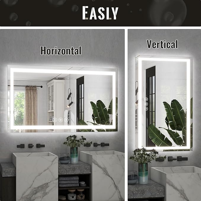 LED Bathroom Mirror, 32x48 Inch White Framed Gradient Front and Backlit Vanity Mirror, Anti-Fog, Dimmable, Wall Mounted Horizontal/Vertical Lighted Mirror, LED Vanity